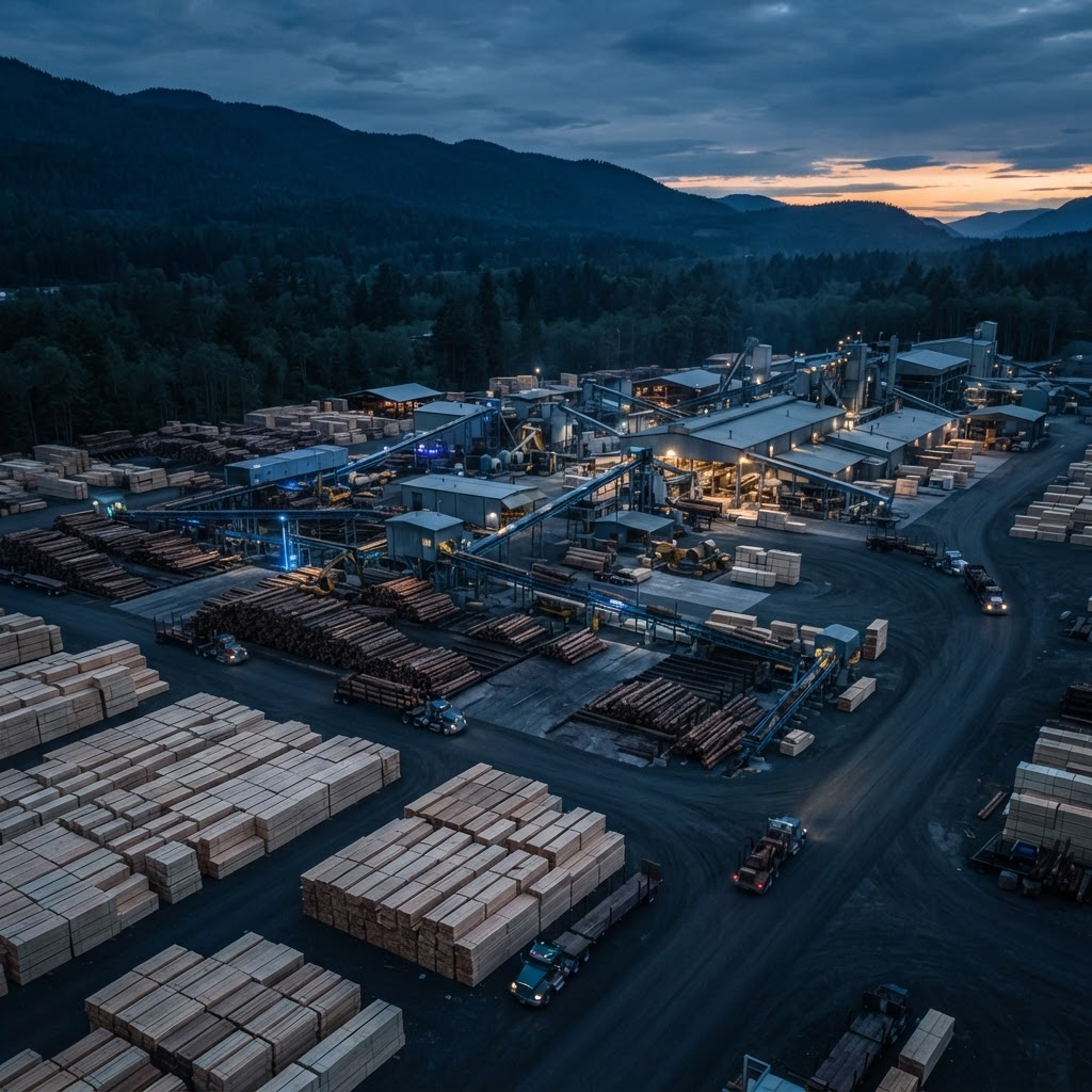 Aerial view of an industrial sawmill and lumber yard at dusk