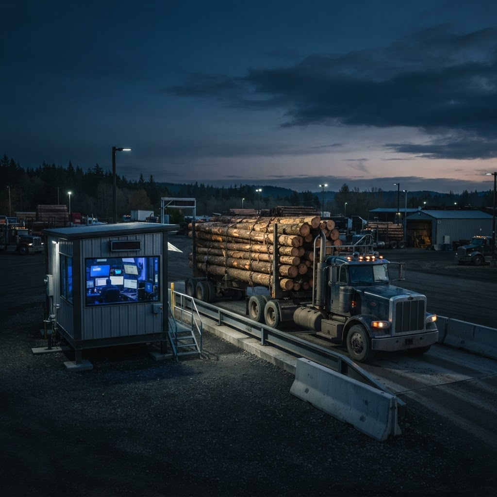 Logging truck on an industrial scale at a weigh station